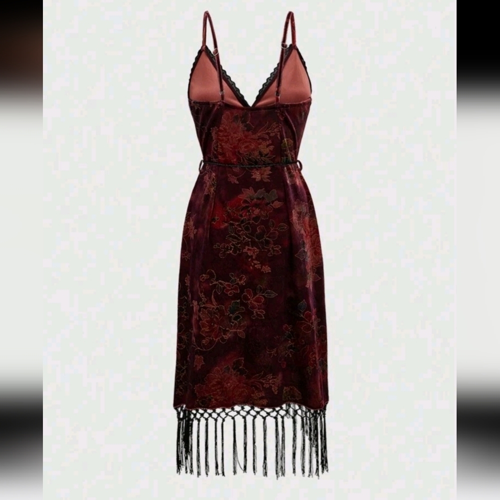 Vintage Floral Print Lace Patchwork Women Tassel Decor Sleeveless Slip Midi Dres - Picture 4 of 4
